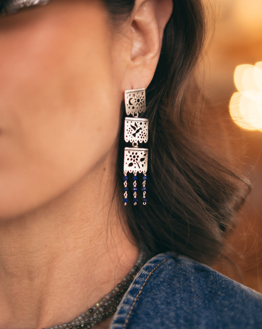 Aretes Triple Papel Picado y Lapislázuli