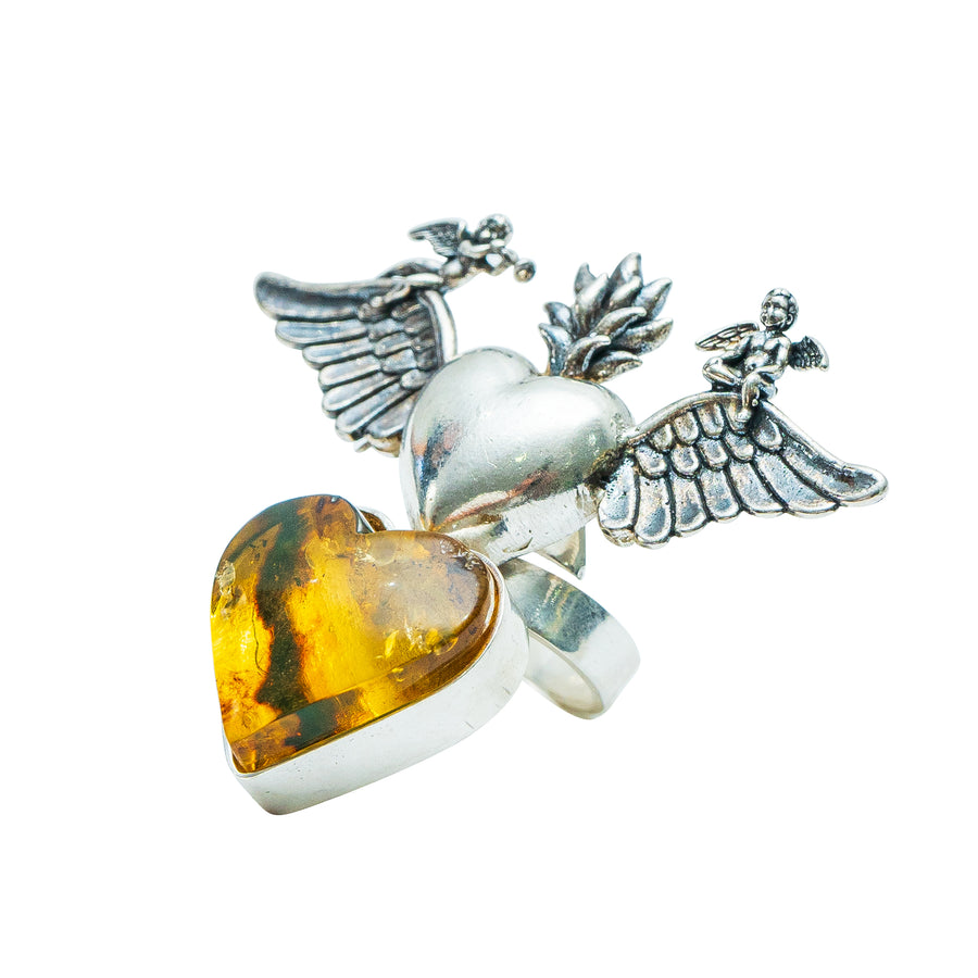 Anillo Corazón con Alas Ámbar