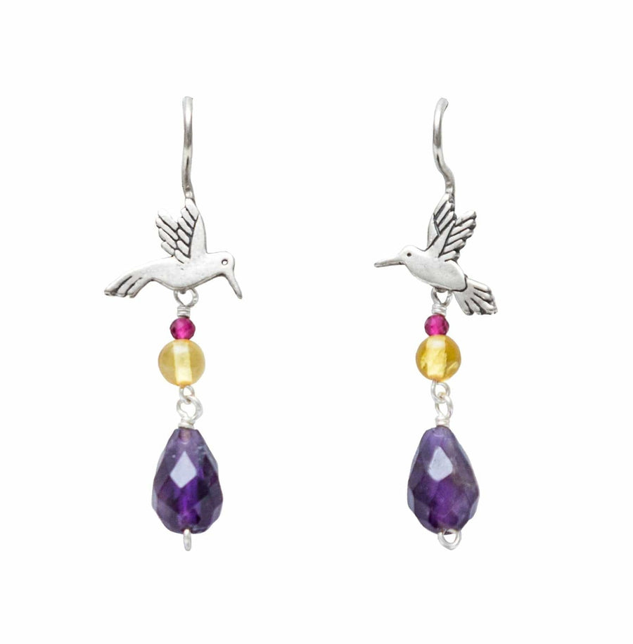Aretes Colibrí Mini Otomí con Ámbar y Gota Amatista Gabriela Sánchez Aretes