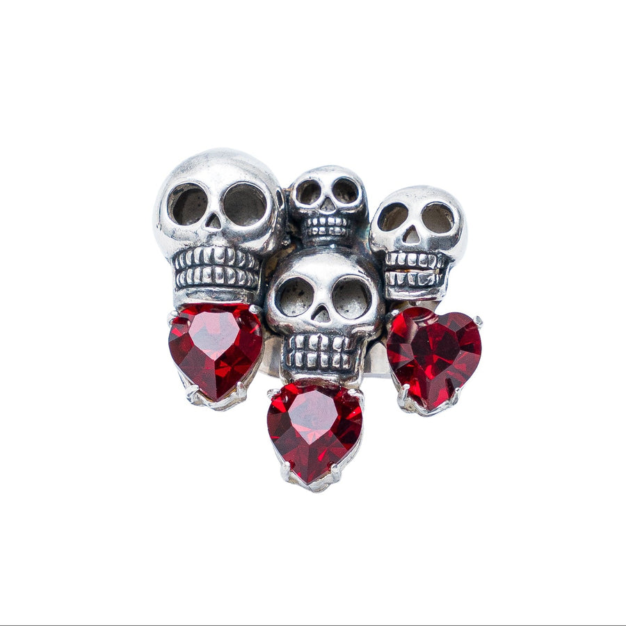 Anillo Calaveras 3 Corazones Carmesí