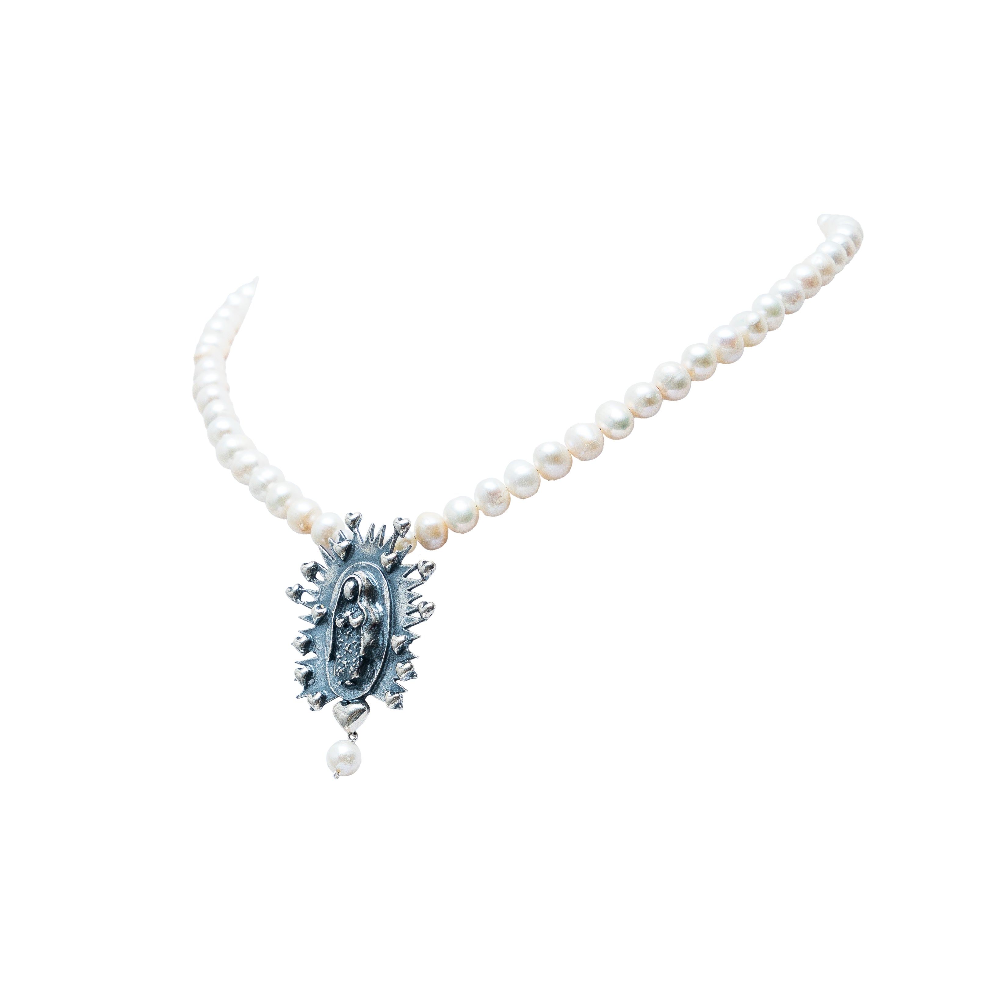 Collar Virgen con Corazones Perla