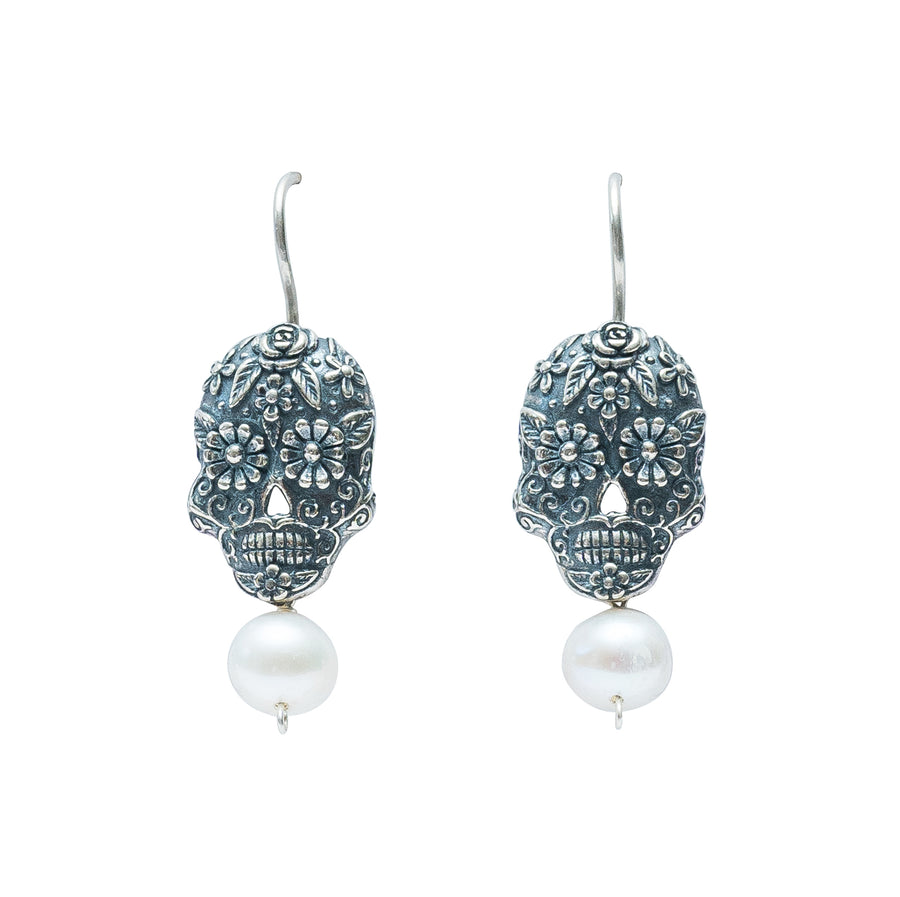 Aretes Calavera Ojos Flor con Perla