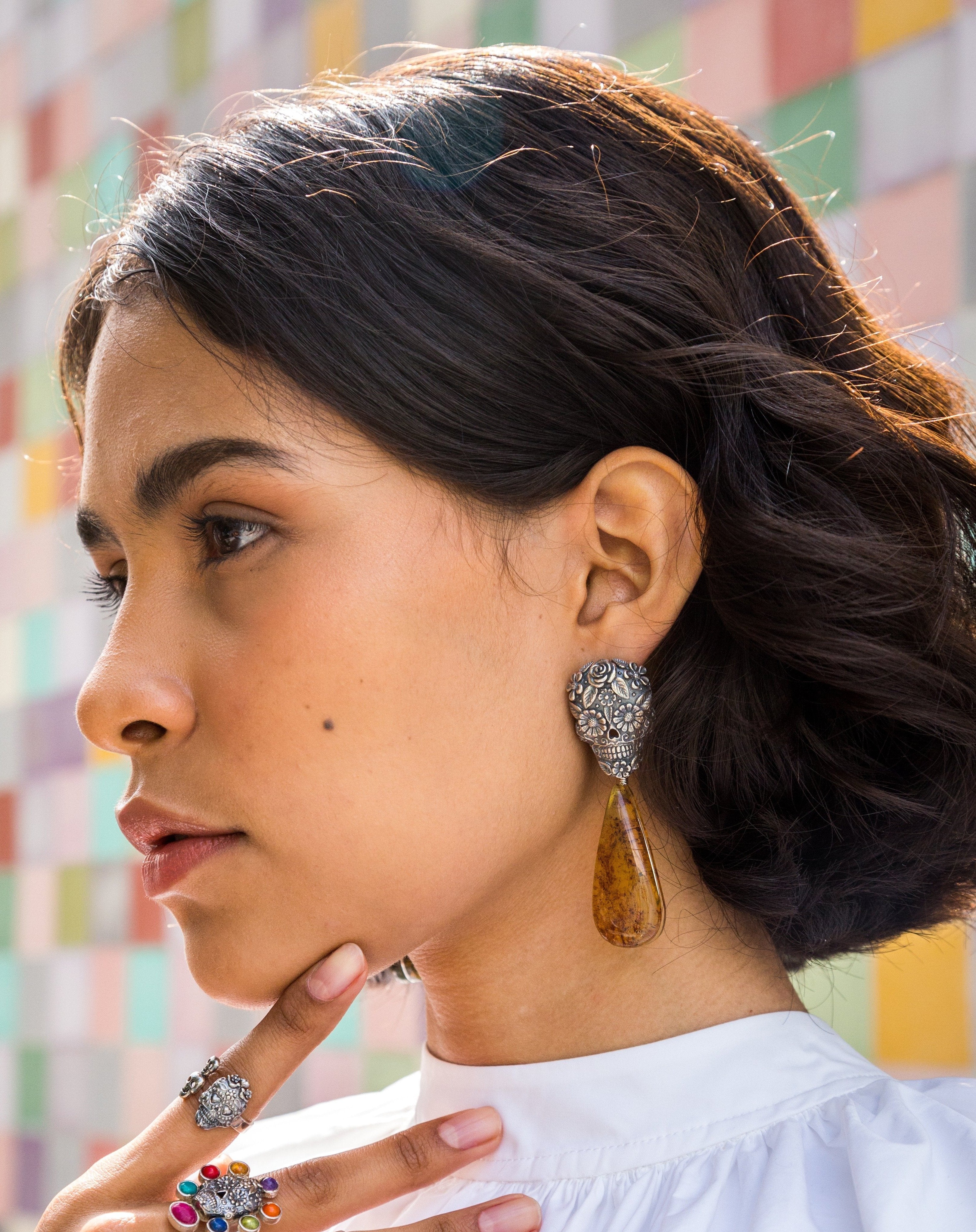 Aretes Calavera Ojos Flor Gota Ámbar Gabriela Sánchez Aretes