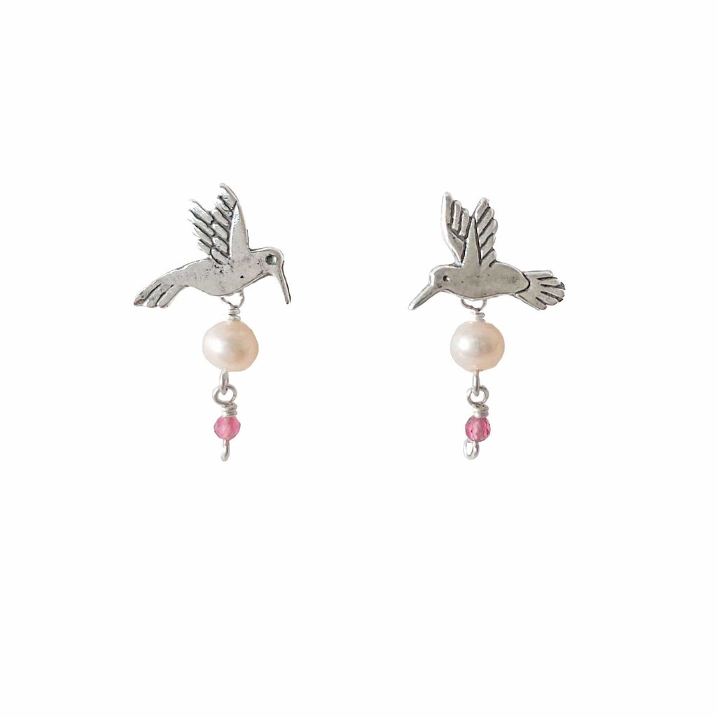 Aretes Colibrí Otomí Mini Perla y Cuarzo DM026 Aretes
