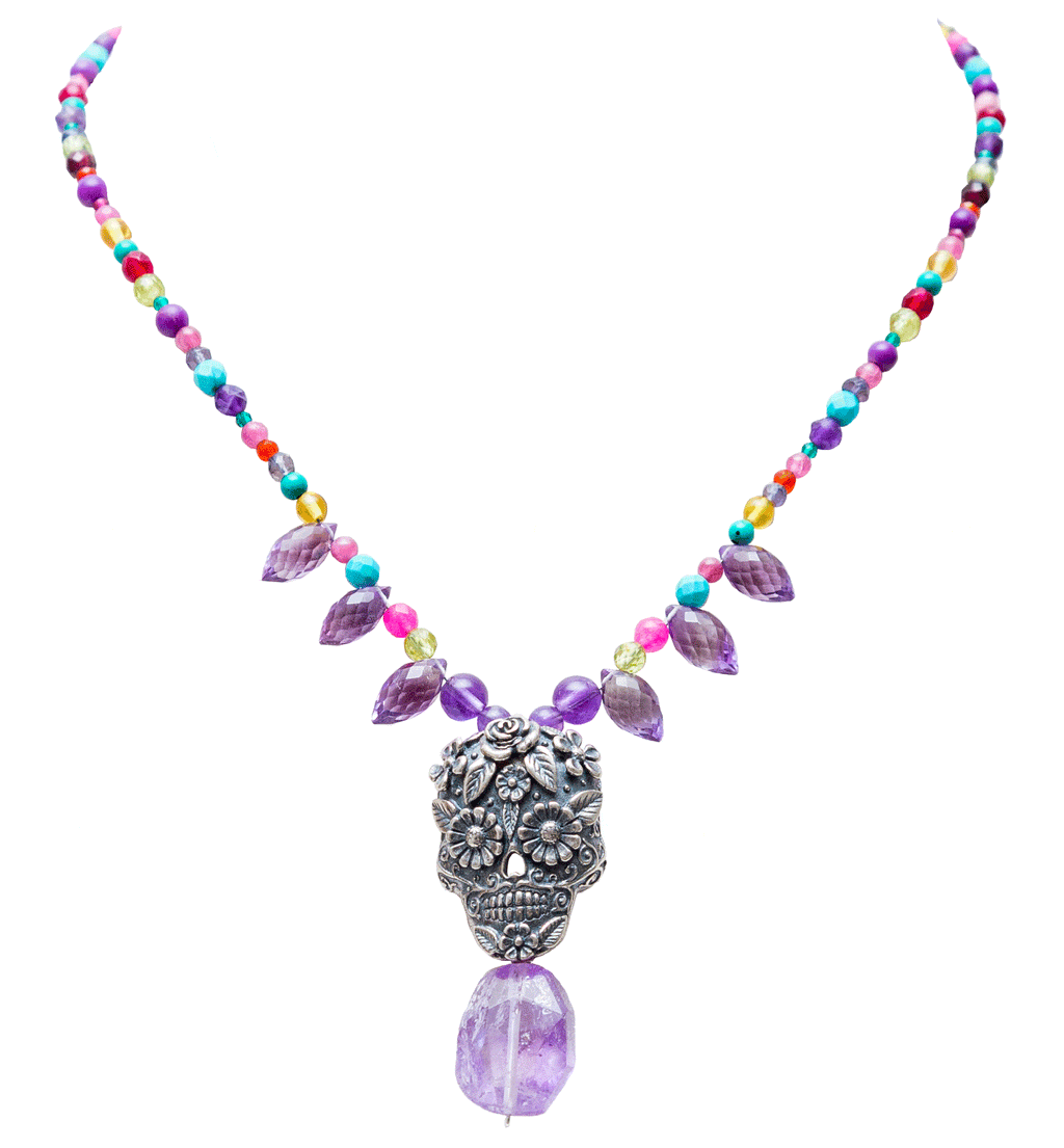Collar Calavera de Amatista y Multicolor CALA022 Collar